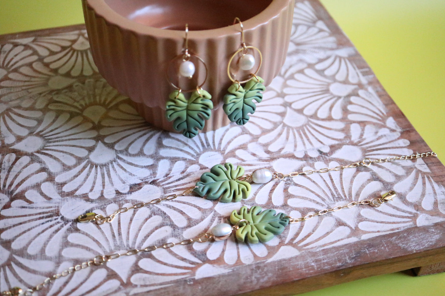 Monstera Earrings and Bracelets