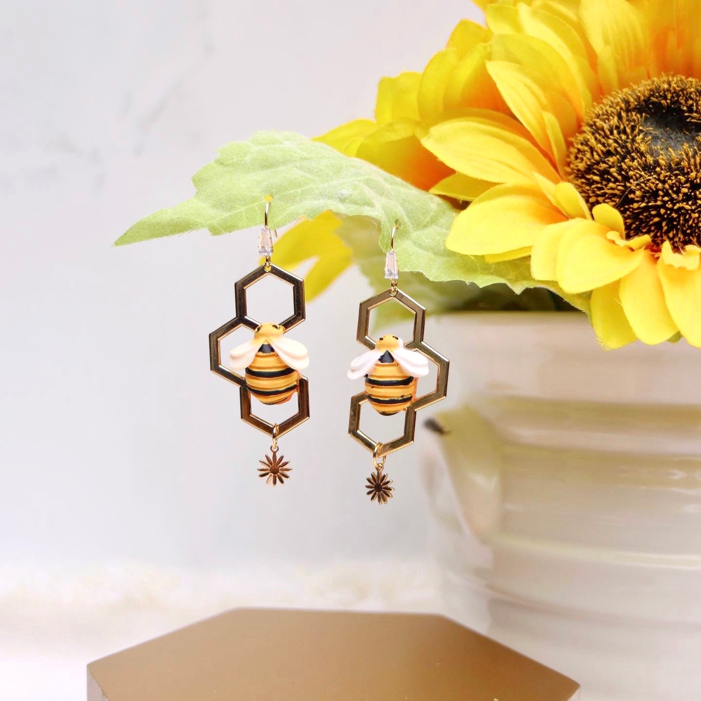 Honeycomb Bee Earrings.
