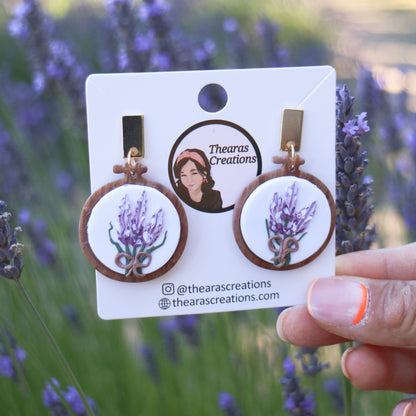 Wood Embroidery Lavender Earrings and Necklace