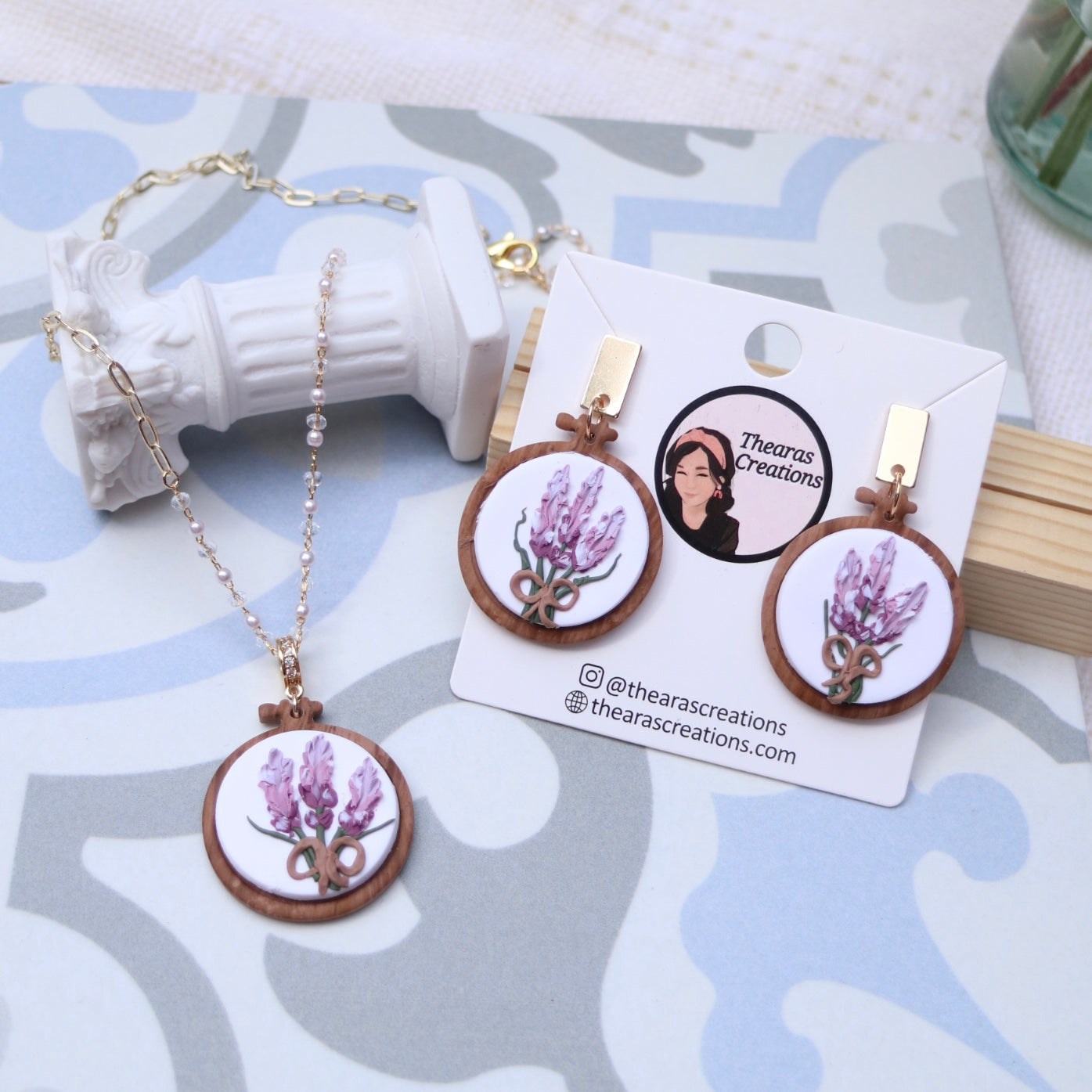 Wood Embroidery Lavender Earrings and Necklace