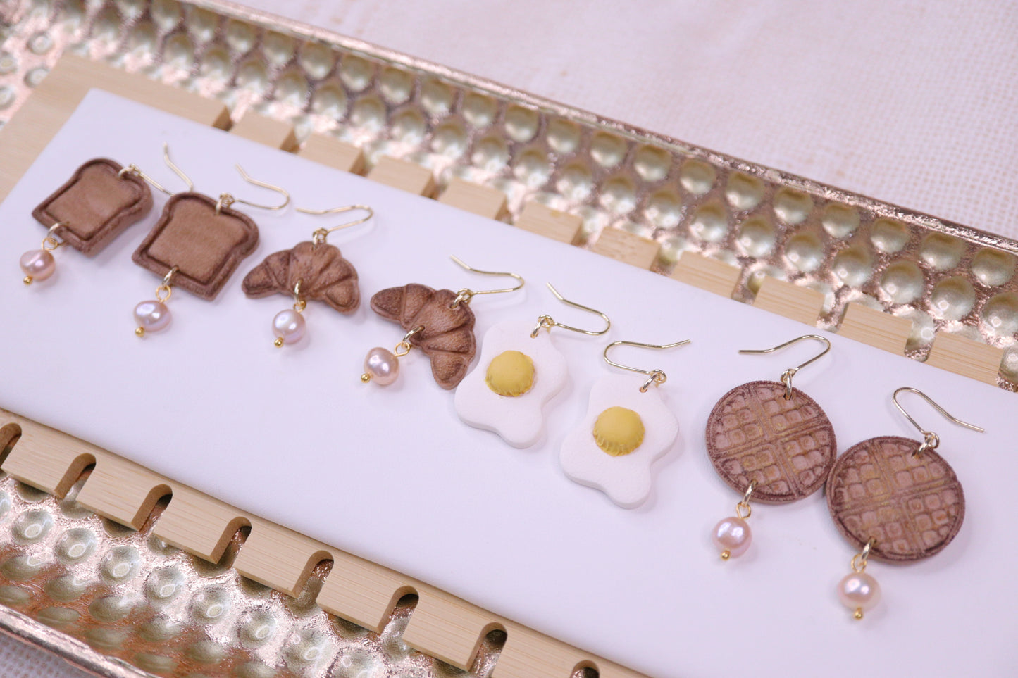 Breakfast Earrings with Pearls (eggs, waffles, toasts, croissants)