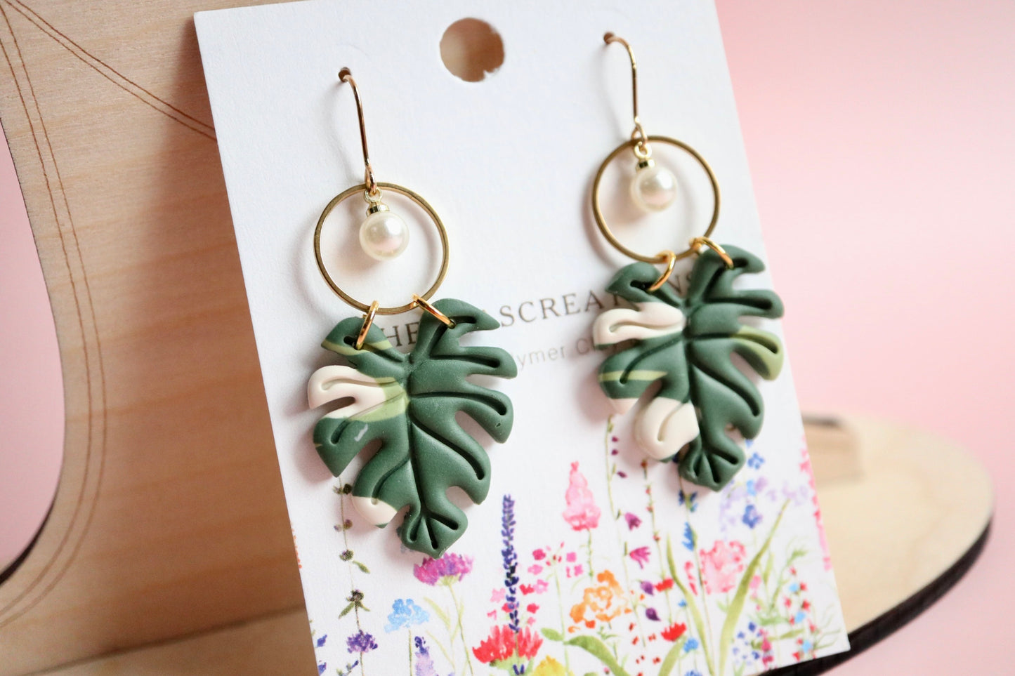 Monstera Earrings & Bracelet Pearl