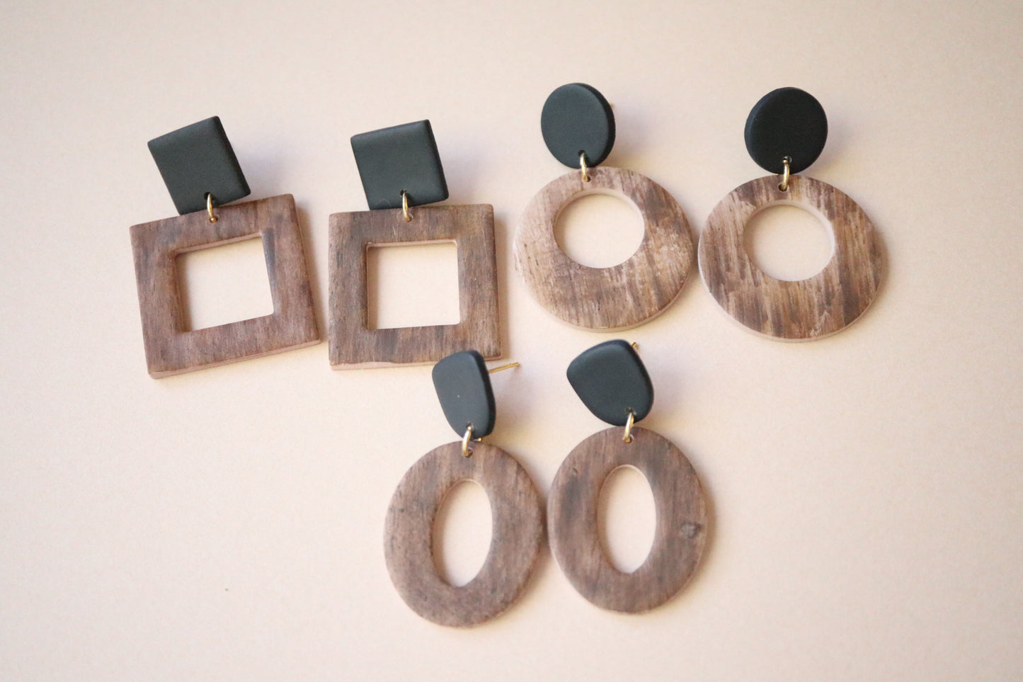 Classic Wood and Black Earrings