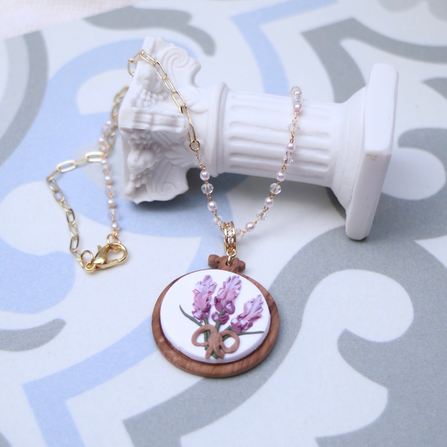 Wood Embroidery Lavender Earrings and Necklace