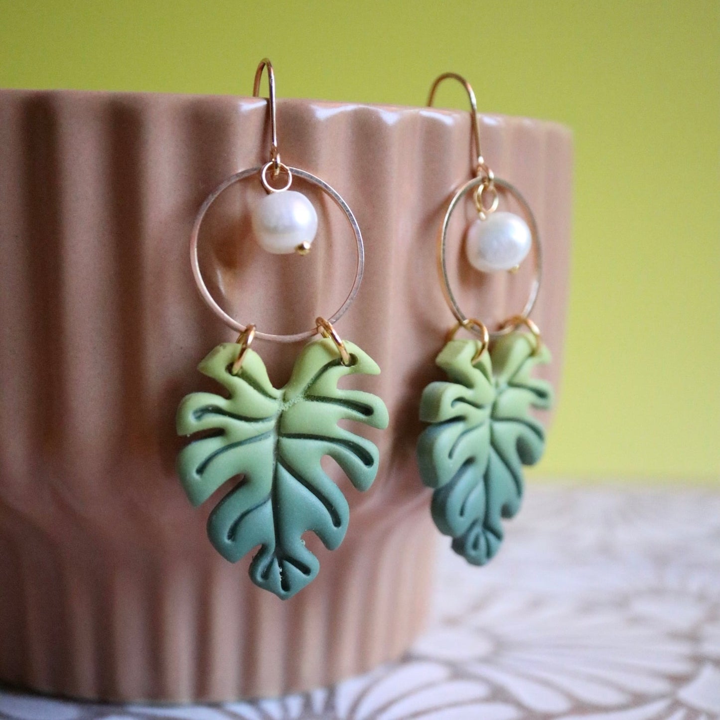 Monstera Earrings and Bracelets.