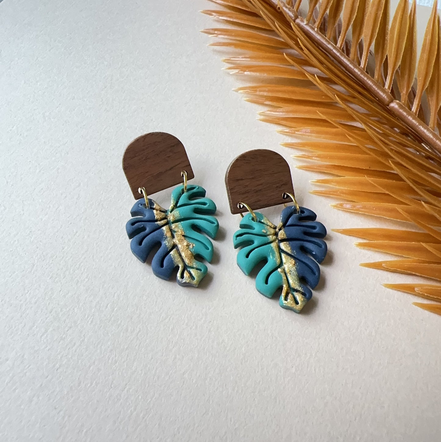 Monstera Green Blue Gold Earrings