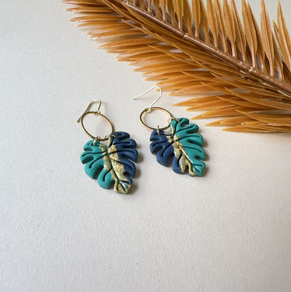 Monstera Green Blue Gold Earrings