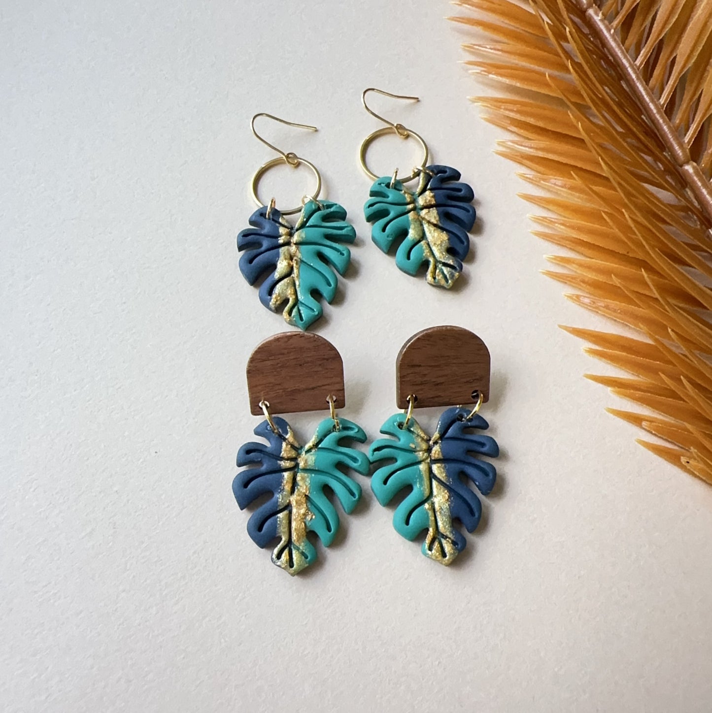 Monstera Green Blue Gold Earrings