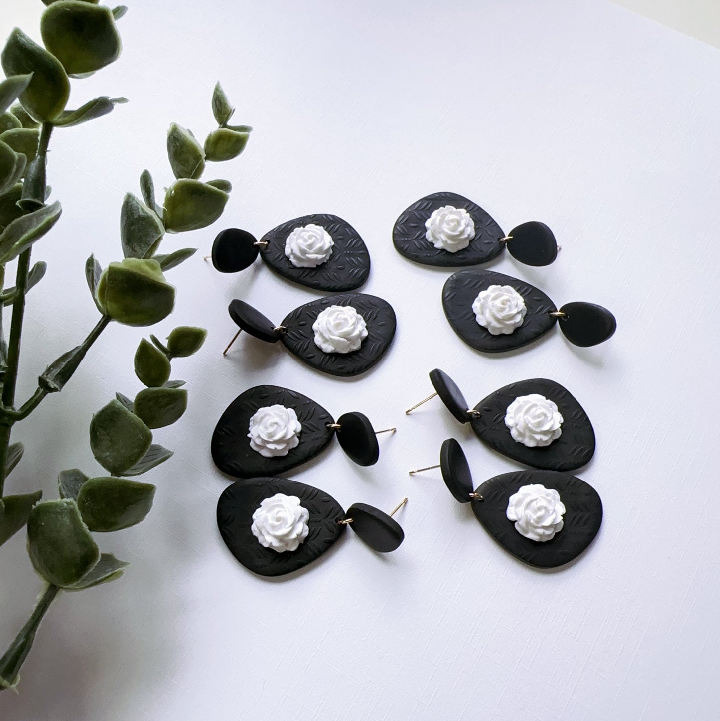 White Rose Black Earrings