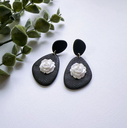 White Rose Black Earrings