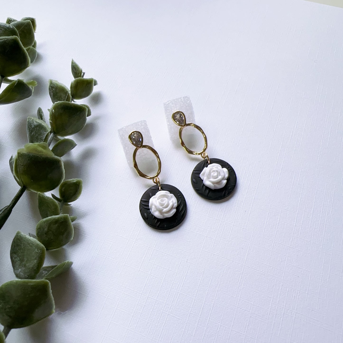 White Rose Black Earrings