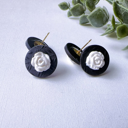 White Rose Black Earrings